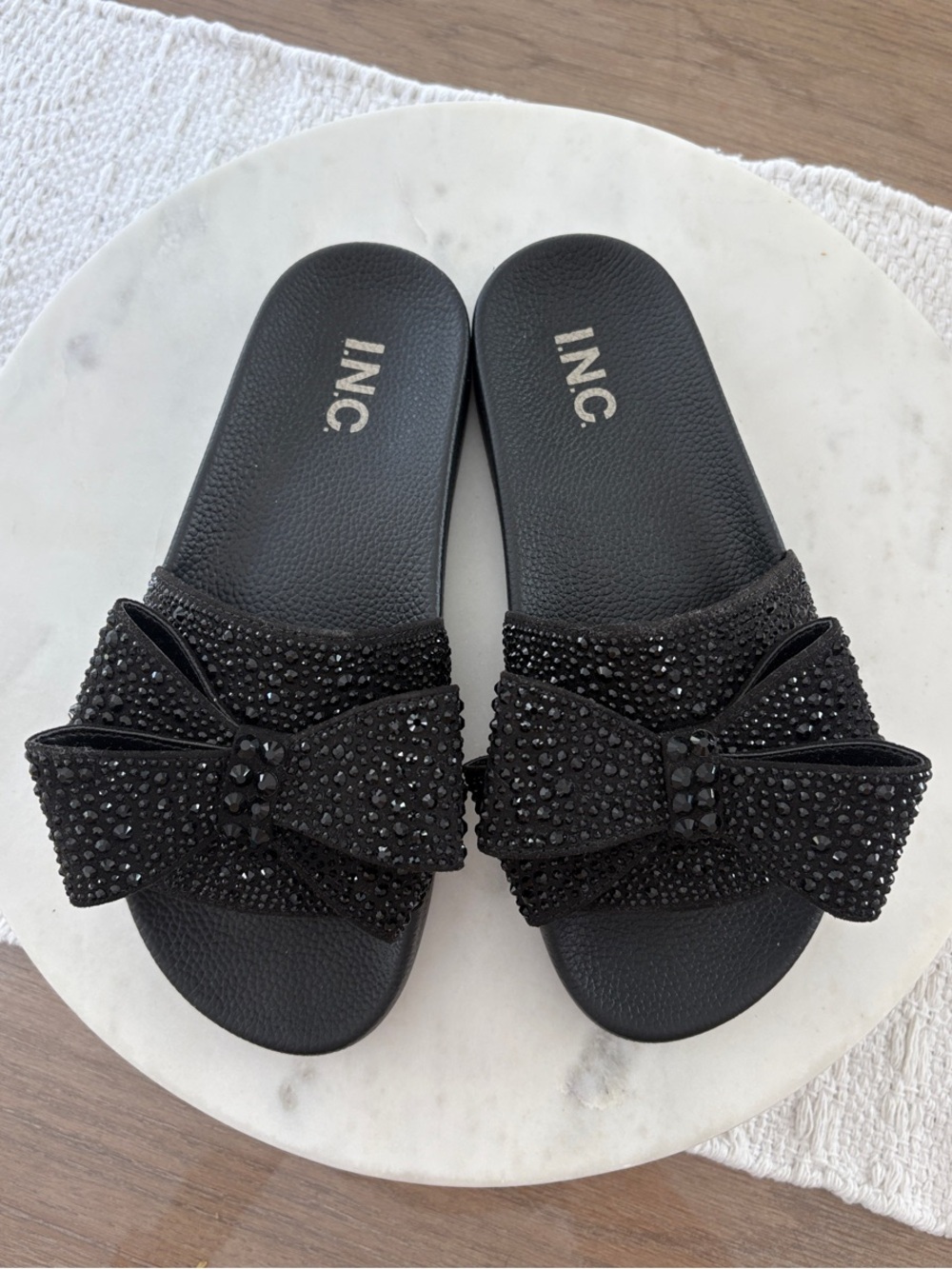 INC International Concepts Black Embellished Bow Slide Sandals - Picture 2 of 11